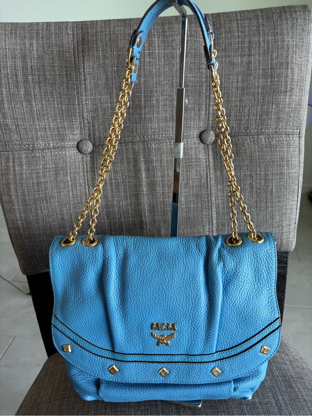 Blue Leather Shoulder Bag with Gold Chain Hardware